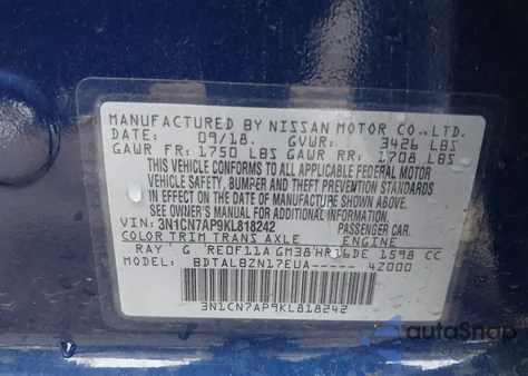 2019 Nissan Versa 1.6 Sv из США, поврежденный, VIN 03N1CN7AP9KL81824